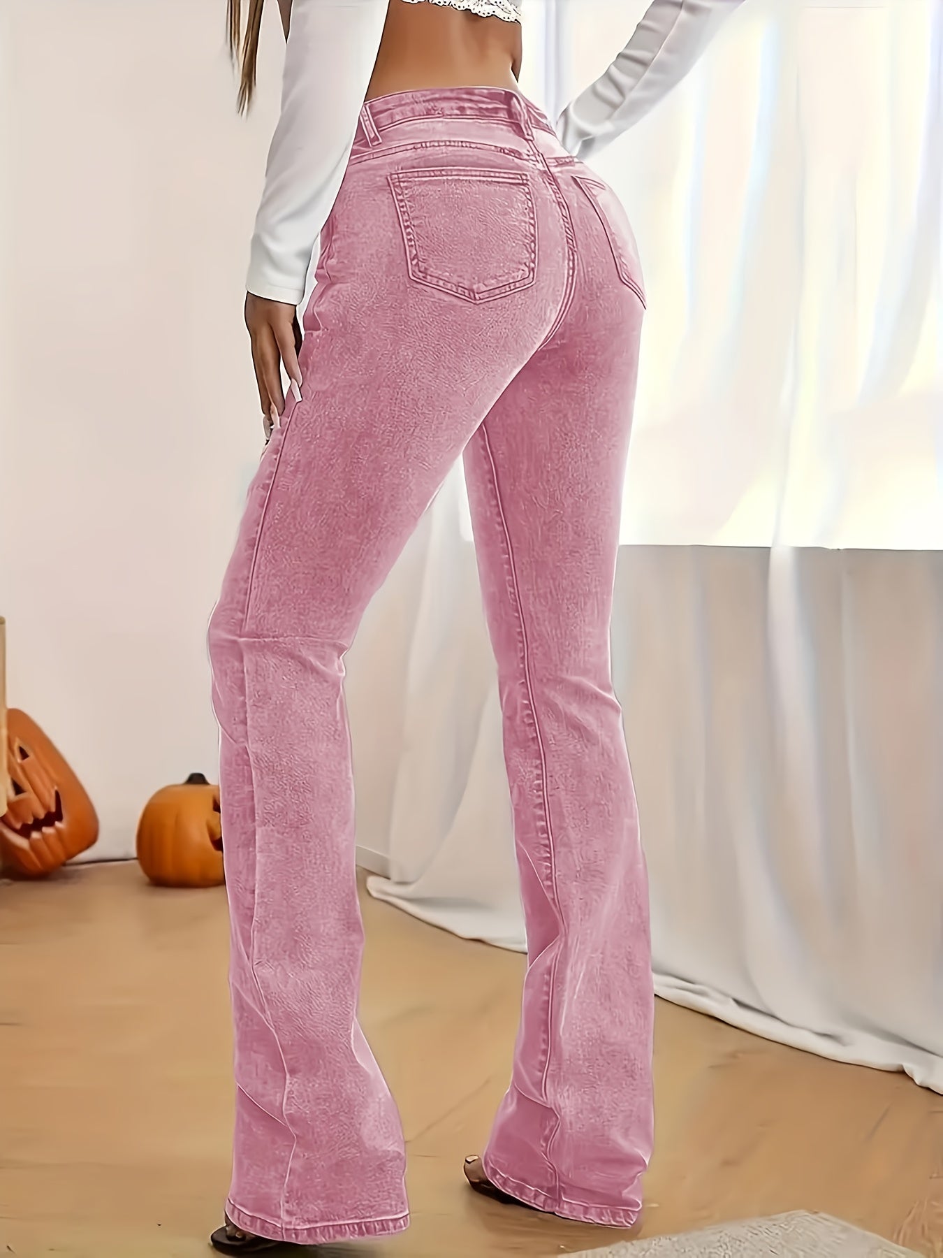 2026 NEW [Long Length Skinny Flare Jeans] Women'S Casual Skinny Flare Jeans, Long Length, Low Waist, Button Fly, Medium Stretch, All Seasons, Solid Color