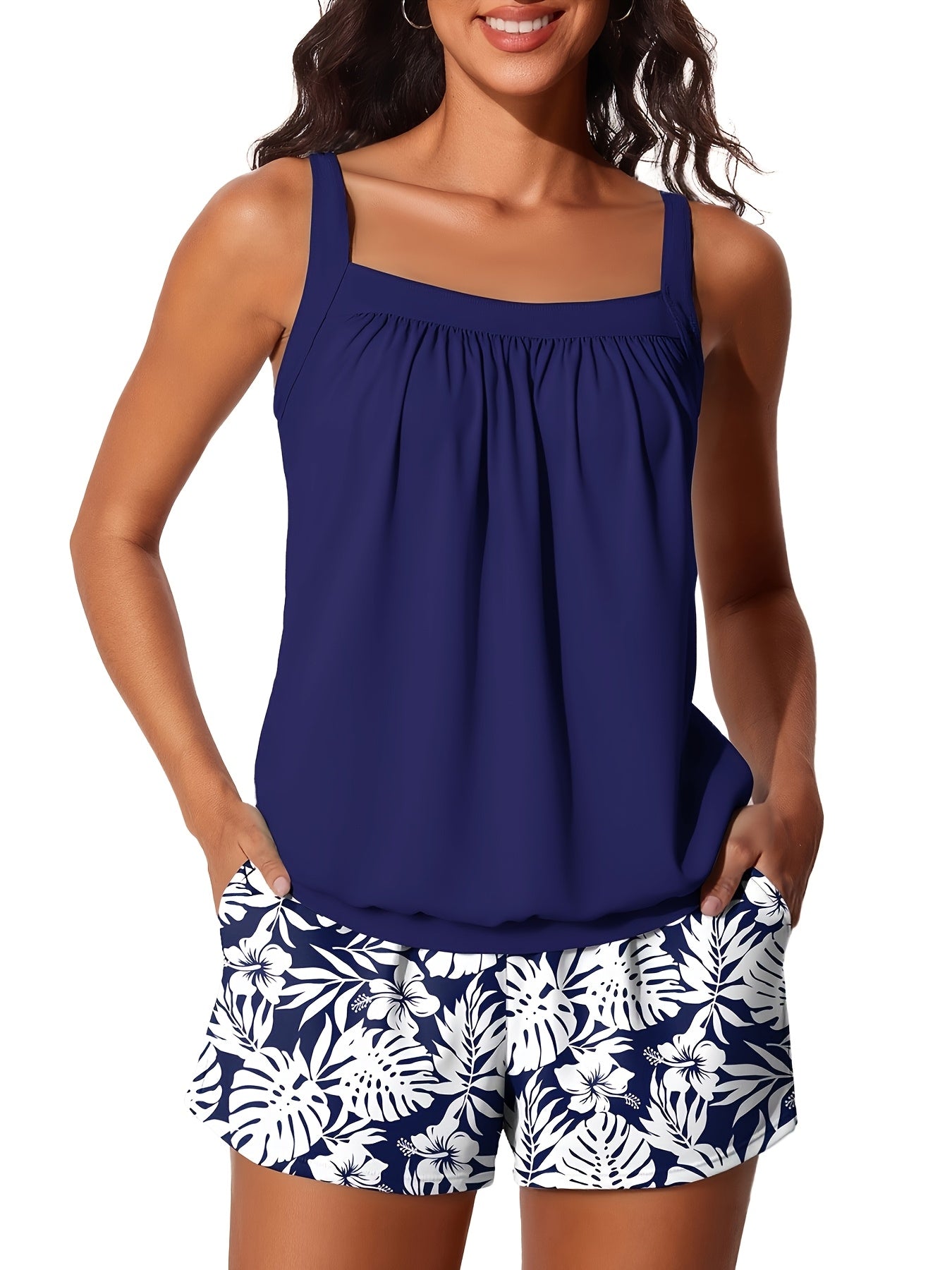 Modest Tummy Control Blouson Women'S Tankini Swimsuits Bathing Suits Swim Shorts With Pockets For Beach