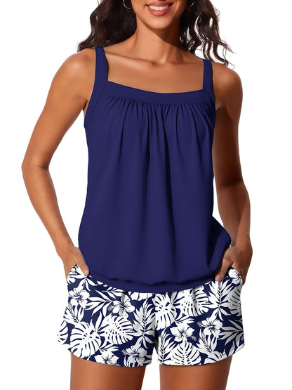 Modest Tummy Control Blouson Women'S Tankini Swimsuits Bathing Suits Swim Shorts With Pockets For Beach