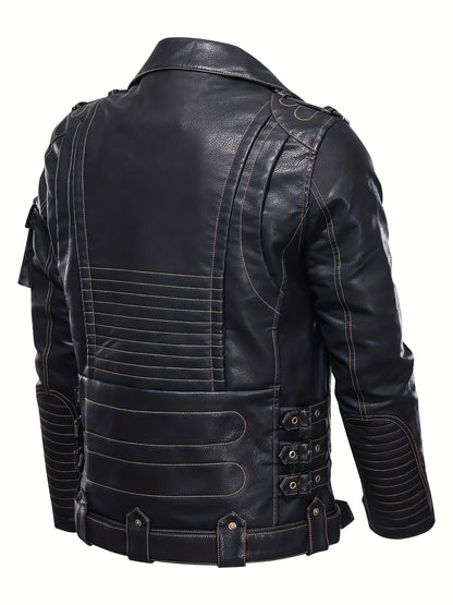 Men's Classic Black Motorcycle Biker Jacket - Multi Zipper Pockets, Adjustable Belt, Vintage Streetwear, Stylish Outerwear for Riding, Travel, Parties, Everyday Urban Look, Gift Idea