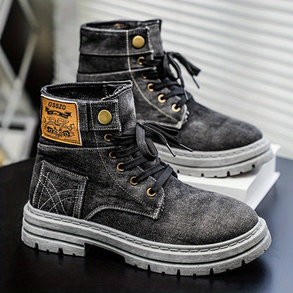 Retro-Style High-Top Sneakers - Casual Canvas Boots Featuring Lace-Up Design, Round Toe, And Beige Laces, Comfortable for All Seasons for Outdoor And Everyday Use, Outdoor Shoes | Retro Sneakers | Sturdy Footwear