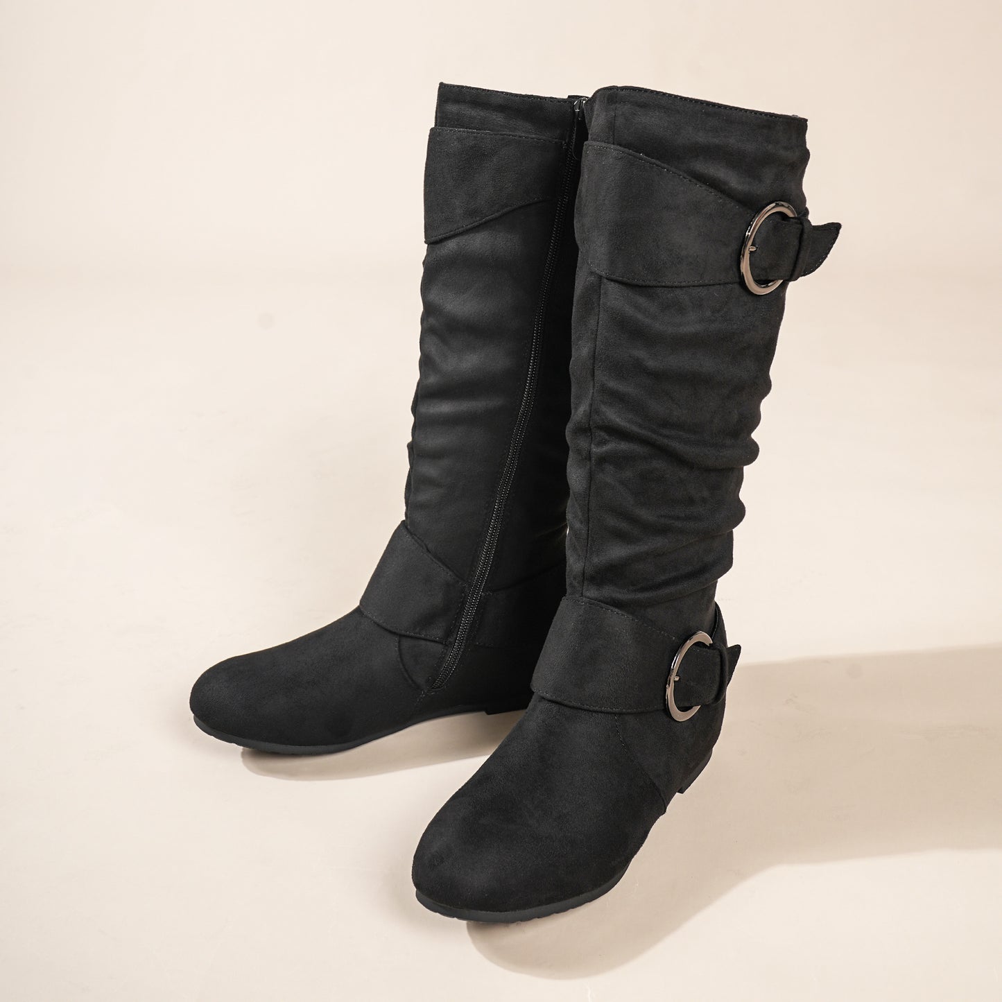 Women'S Knee-High Boots with Hidden Wedge Heel - Slip-resistant TPR Sole, Side Zipper Closure, Cushioned Insole - Winter Boots for Everyday & Formal Events - Black Boots (Easy On/Off), Seasonal Footwear, Sleek Design, Durable Construction, Office Wear