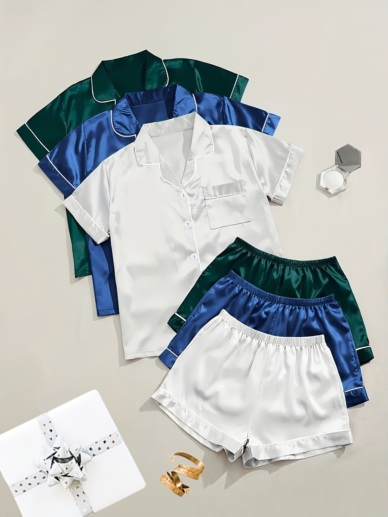 Black + Champagne + Pink Satin Short-Sleeve Shorts - product view 2