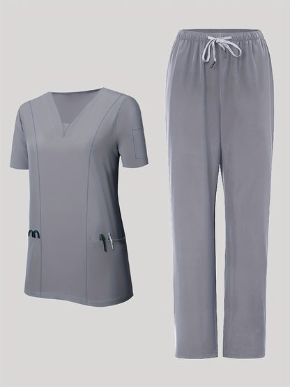 2pcs Women's Breathable V-Neck Work Uniform - Machine Washable Pocket Detail Matching Top & Pants, Casual Work Clothes Suitable for Work Uniforms, Healthcare, Education, Retail - Comfortable Professional Attire