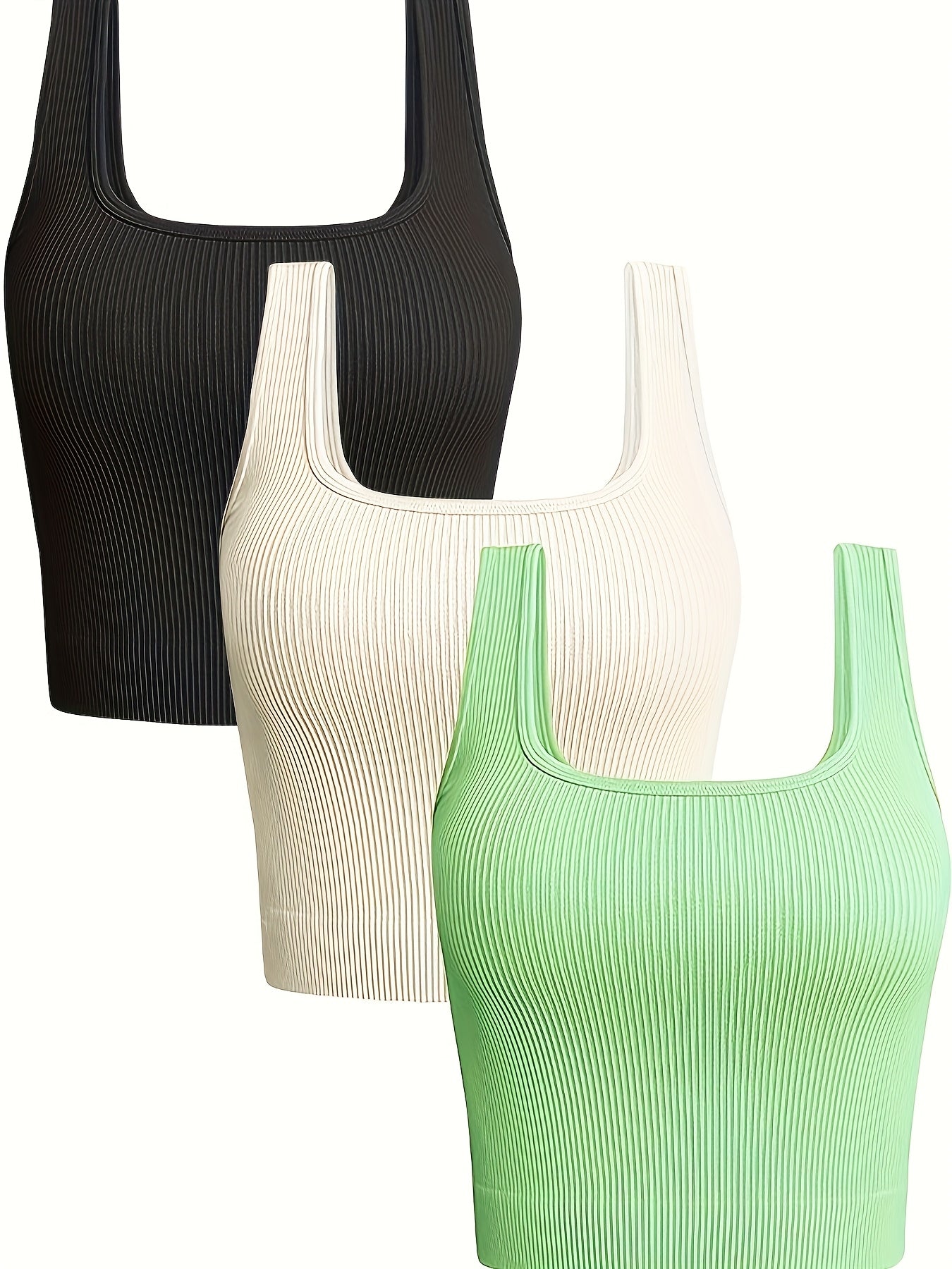 Set of Three Women'S Crop Tank Tops, Featuring a Seamless Ribbed Design, Sleeveless Square Neck, Perfect for Summer Workouts, And
