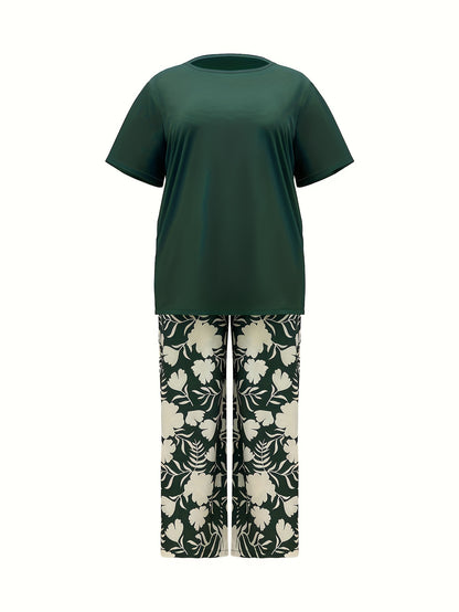 Plus Size Women's Botanical Print Two-Piece Set- Round Neck Tops with Random Floral Print Wide Leg Pants Featuring Pockets, Perfect for Spring and Summer Casual or Stylish Outfits