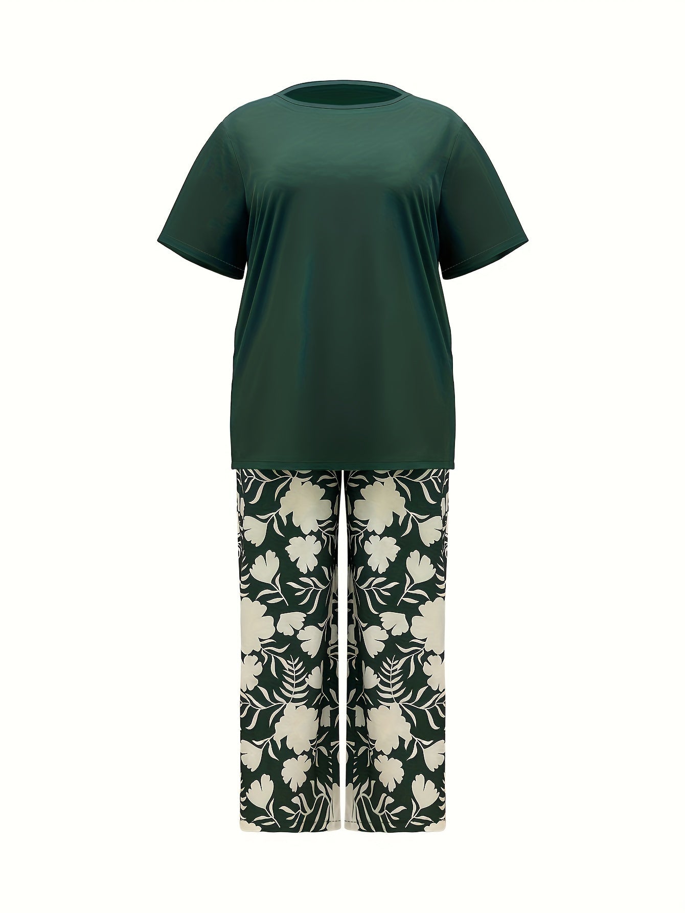 Plus Size Women's Botanical Print Two-Piece Set- Round Neck Tops with Random Floral Print Wide Leg Pants Featuring Pockets, Perfect for Spring and Summer Casual or Stylish Outfits