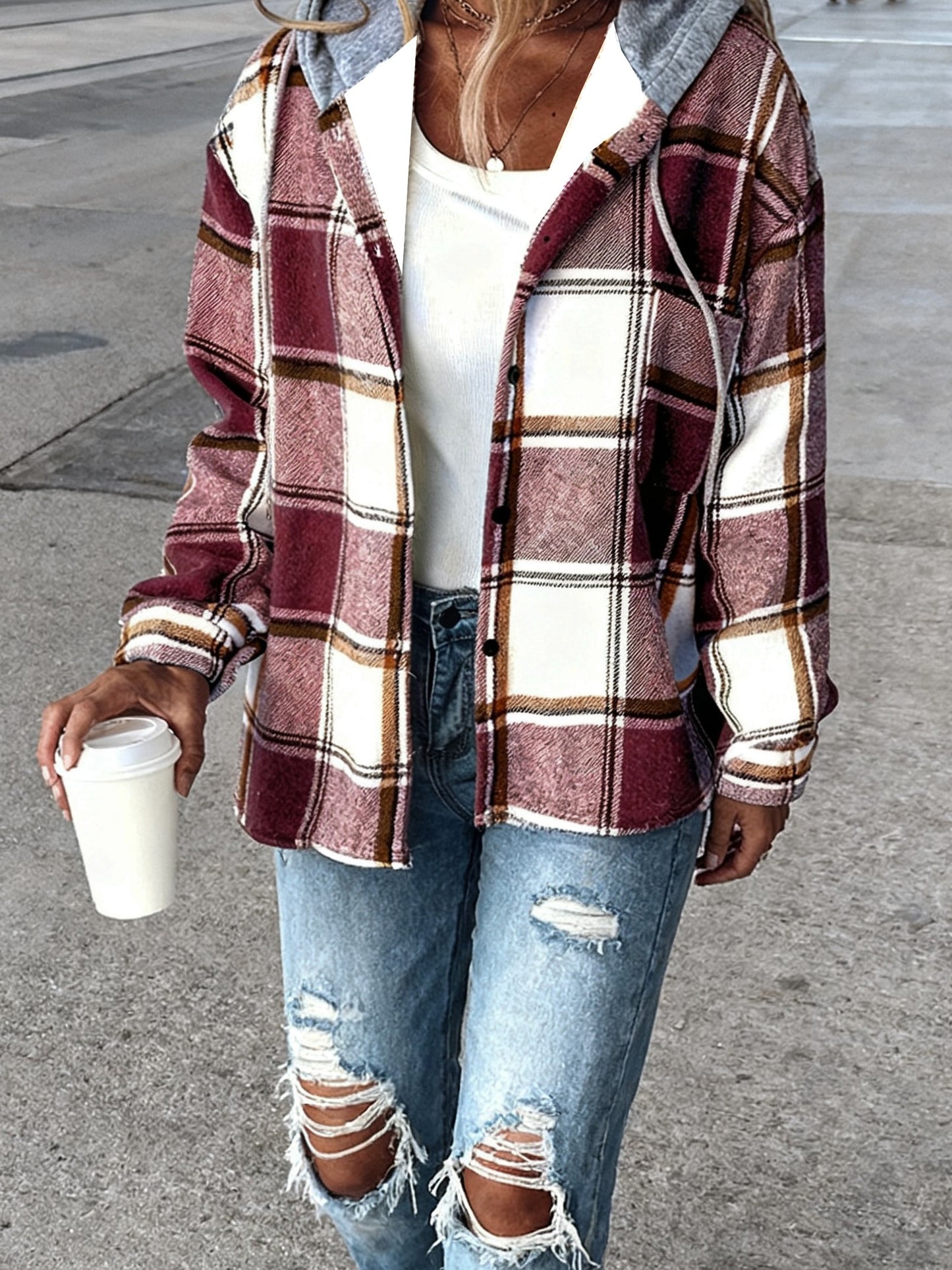 Women's Black and White Checkered Hooded Shirt Jacket, a Popular Warm Outfit for Autumn and Winter. Perfect for Casual and Layered Looks, Autumn/winter Women's Clothing | Women's Apparel, Local Warehouse Discount
