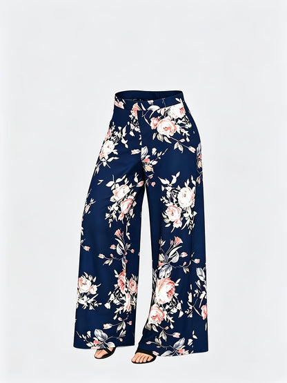 Plus Size - New Women'S Solid Color Top And Printed Pants Chiffon Fashion Style Set Top And Pants Two Piece Set