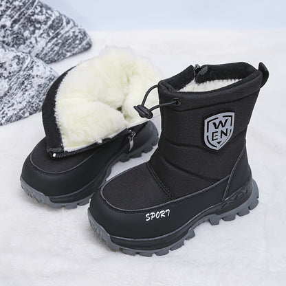 One Pair Kids' Winter Snow Boots with Fleece Lining, Nylon Upper & Anti-Slip Thick Sole - Round Toe, Zip + Drawstring Closure for Boys & Girls, Outdoor Winter Wear, Winter Sports Gear | Sporty Winter Boots | Durable Rubber Sole