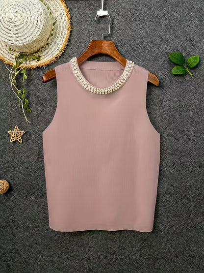 [Plus Size Tank Top] Plus Size - Ladies' Spring/Summer Fashion Nail Bead Solid Color Sleeveless Tank Top Elegant Breathable Large Top