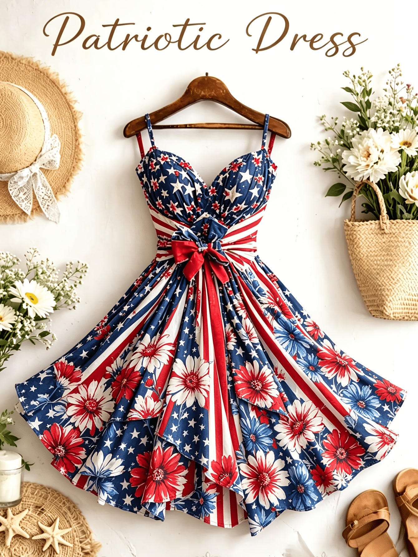 [Independence Day Style] Women's Retro Independence Day Style Camisole V-Neck Padded A-Line Waist Belted Fashion Dress