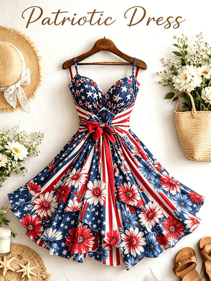 [Independence Day Style] Women's Retro Independence Day Style Camisole V-Neck Padded A-Line Waist Belted Fashion Dress