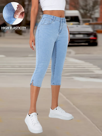 Womens Light Blue High Waisted Stretch Denim Capri Pants Ankle Length Split Hem Design Slim Fit Tummy Control Bootcut Flare Leg Casual Chic Style Comfortable Elastic Waistband Versatile Daily Wear Machine Washable Plus Size XS to XL All Season