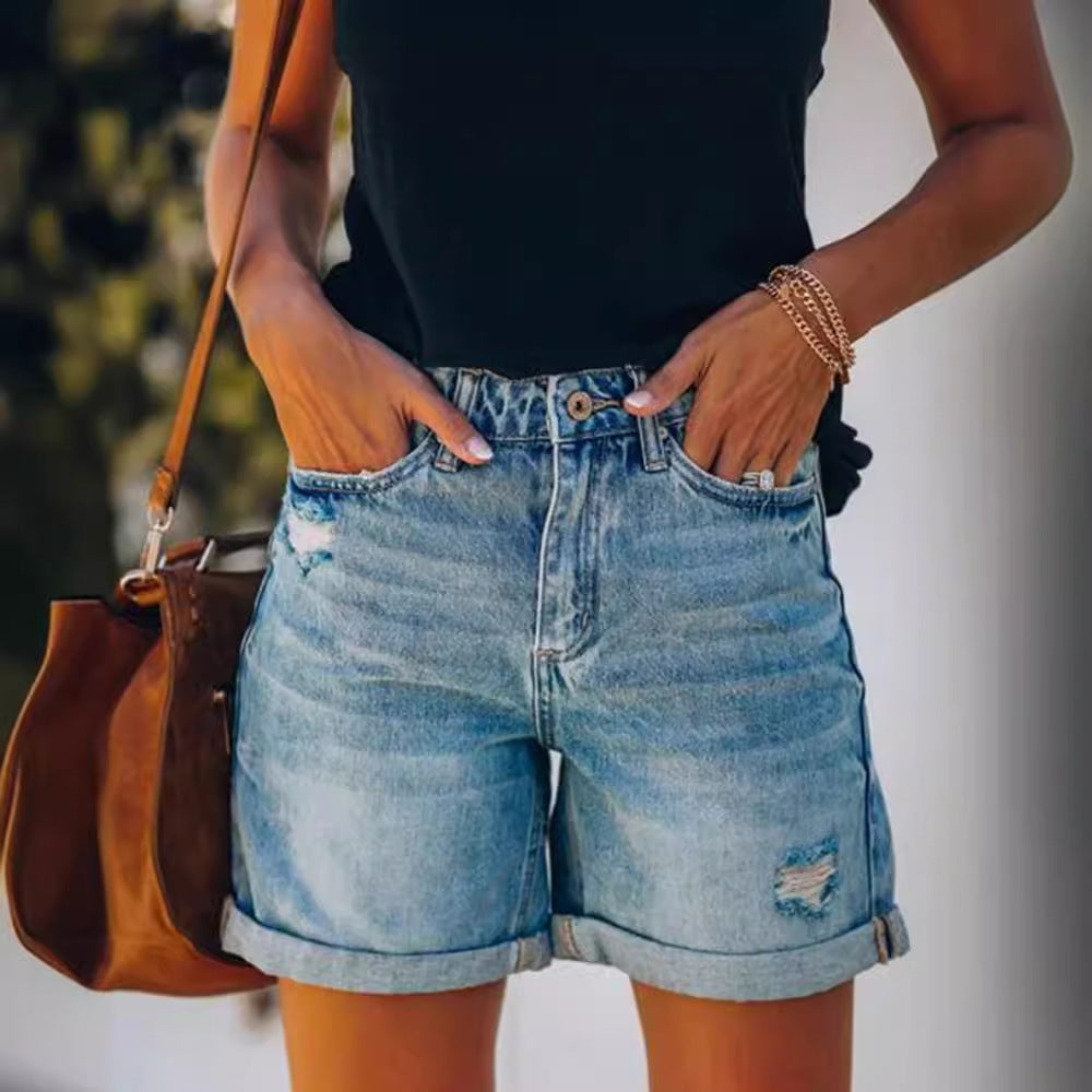 Women's Distressed Denim Shorts - Straight Leg, Light Wash with Rolled Hem & Cuffed Slash Pockets, Trendy Summer Streetwear, Casual & Versatile Fashion Essential, Jean Shorts
