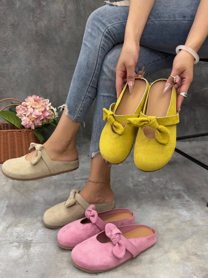 [Slip-On Mules Bow Detail] Women's Slip-On Mules with Thick Cushioned Soles And Bow Detail - Soft Fabric Upper, Breathable PU Lining, Sole - All-Season Comfort for Casual And Formal Wear (Beige/Yellow/Pink) - Extended Sizes Available, Mule Shoes, Comforta