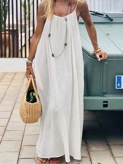 Plus Size - Plus Size - 2026 New Women'S Camisole Backless Loose Long Home Wear Dress | Beach Skirt Swimsuit, V-neck, Sleeveless, Medium Stretch Fabric, Random Print, Straight Hem, Elegant Style for Spring/Summer