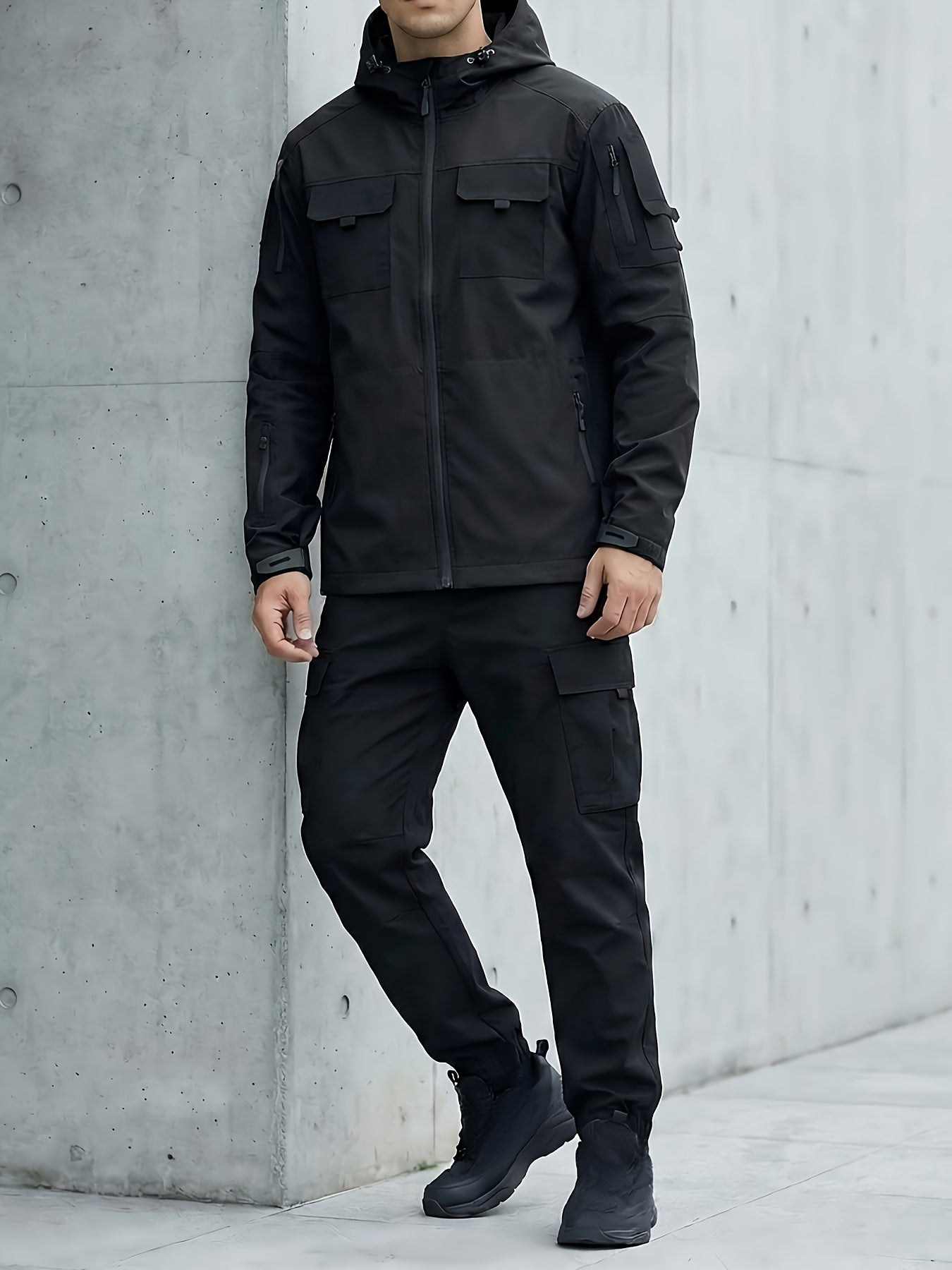 Men's Windproof Outdoor Jacket - Heavy-Duty Full-Zip Hooded Coat with Zippered Pockets, Scratch-Resistant Shell for Hiking, Camping, Hunting (Belt Included) Adjustable Hood -All-in-One Outdoor Shell Coat for Camping Essentials, Rugged Design, Durable