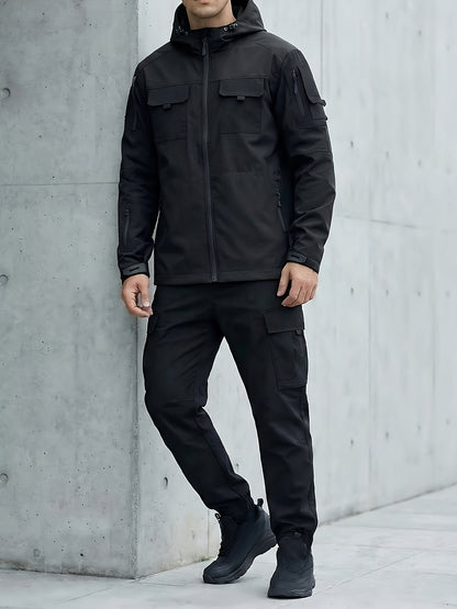 Men's Windproof Outdoor Jacket - Heavy-Duty Full-Zip Hooded Coat with Zippered Pockets, Scratch-Resistant Shell for Hiking, Camping, Hunting (Belt Included) Adjustable Hood -All-in-One Outdoor Shell Coat for Camping Essentials, Rugged Design, Durable