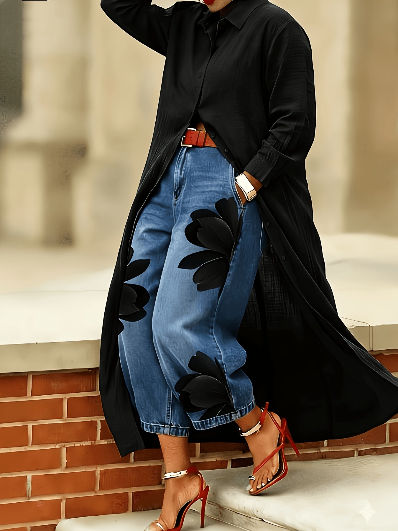 Red Women's Button Maxi Shirt Dress, Casual Long Sleeve Lapel Collar Loose Fit Duster Dress, Dress Only (Pants Not Included)