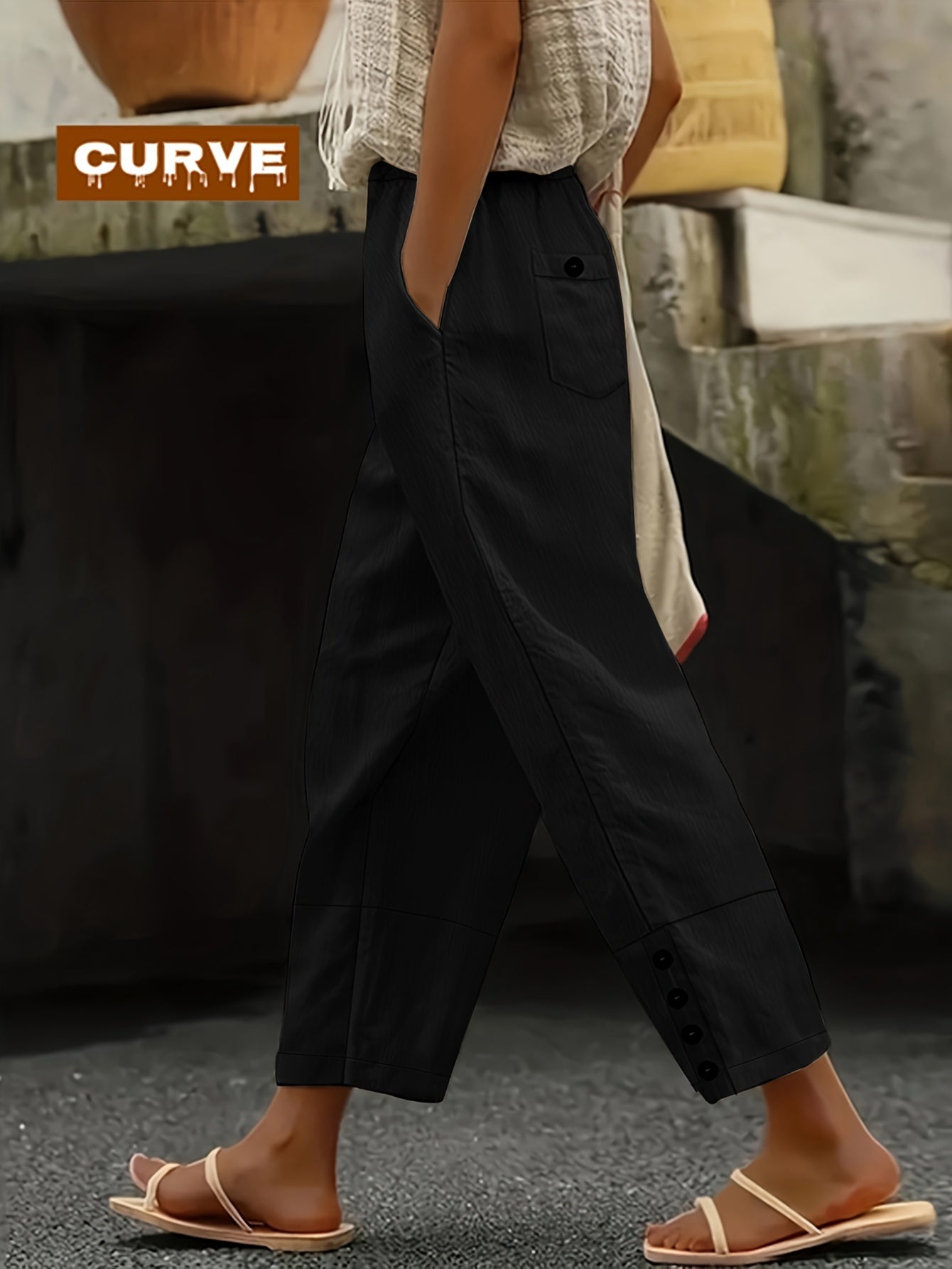 Plus Size - Spring, Summer And Autumn Large-sized Casual Trousers, Solid Color, Button Design, Elastic Waist, Pockets, Large-sized Women'S Harem Trousers For Casual Daily