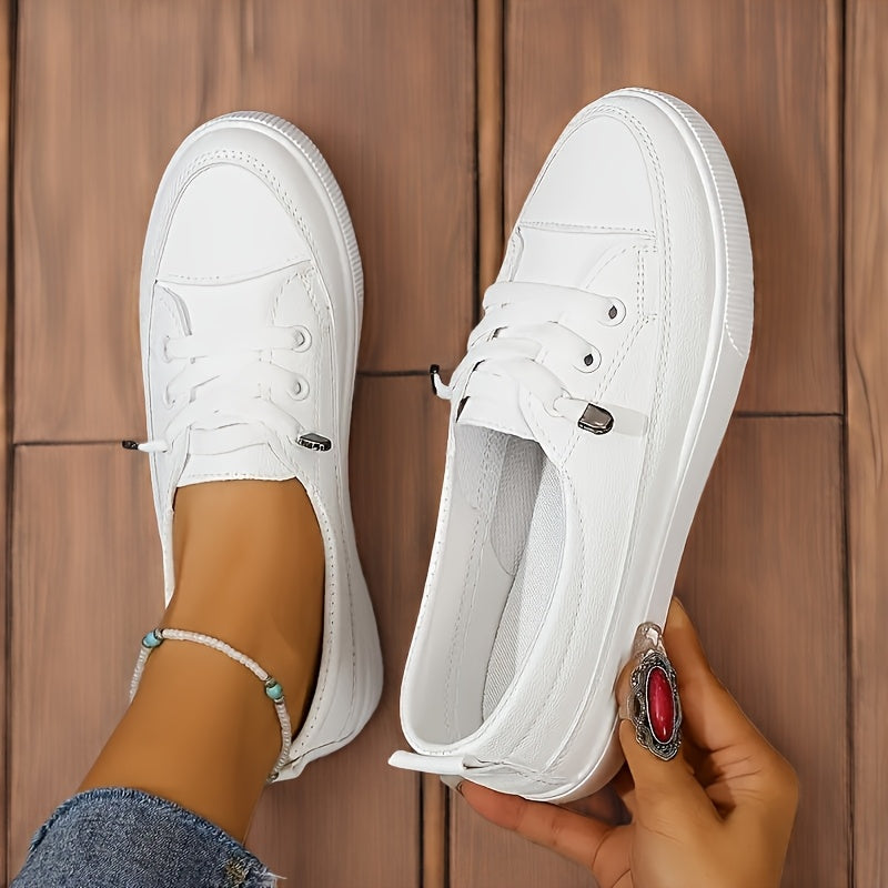 [Non-Slip White Sneakers] Women's Non-Slip White Fashion Sneakers - Wide Toe Lace-Up PU Skate Shoes, Lightweight and Wear-Resistant Outsole Wide-Fit Comfortable Casual Shoes, Shock-Absorbing Soles, Suitable for Daily Commute, Campus, Travel, Outdoor Activ