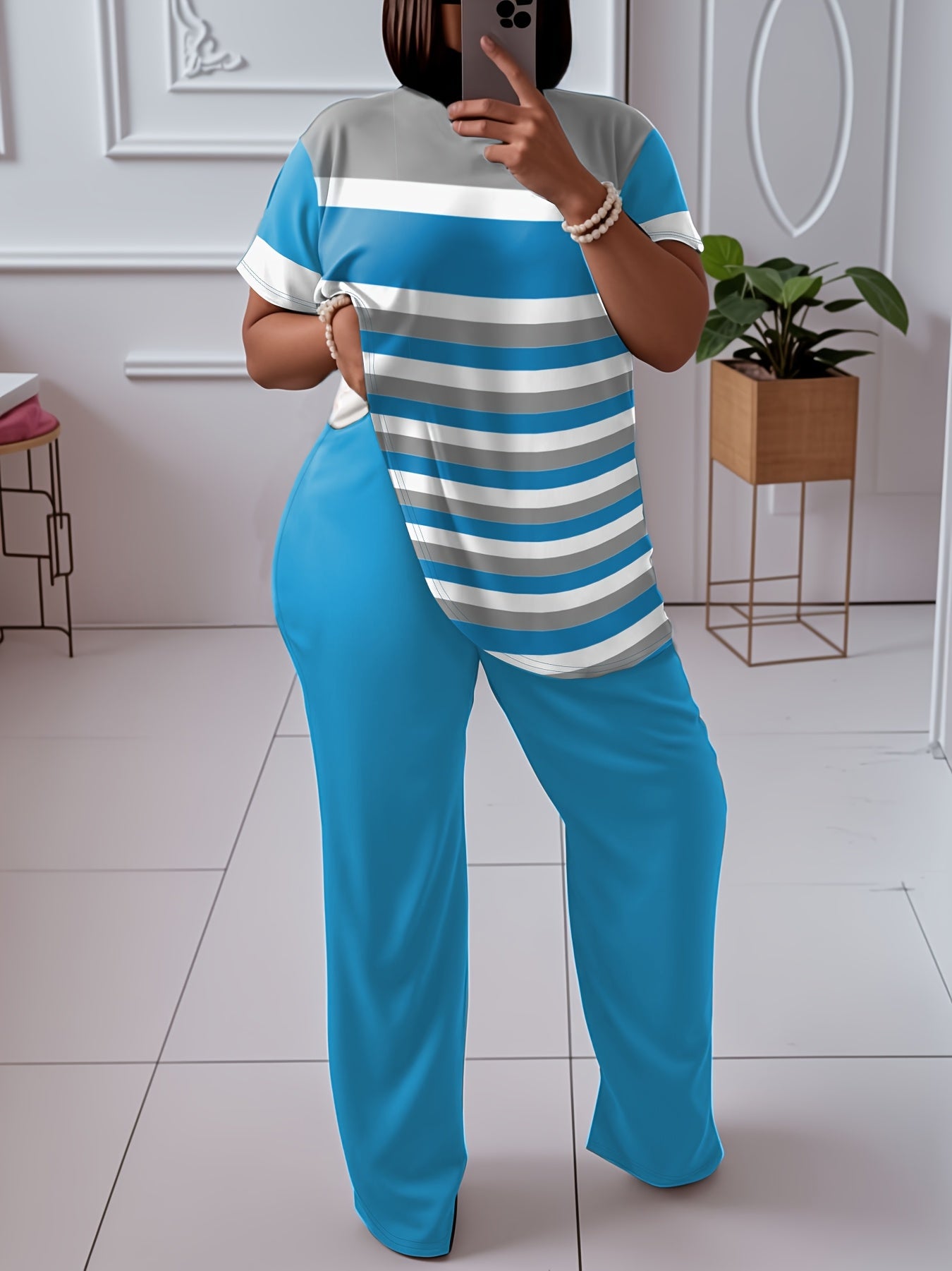 2pcs Women'S Plus Size Color Block Set - Elegant Crew Neck Long Sleeve Top & Straight Leg Pants, 95% Polyester 5% Elastane, Medium Stretch Knit Fabric, Machine Washable