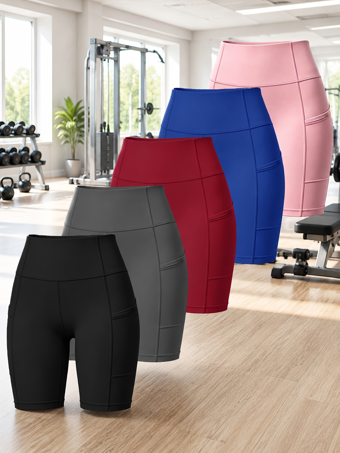 Black + Gray + Red + Blue + Pink Polyester High-Waist Shorts - product view 15