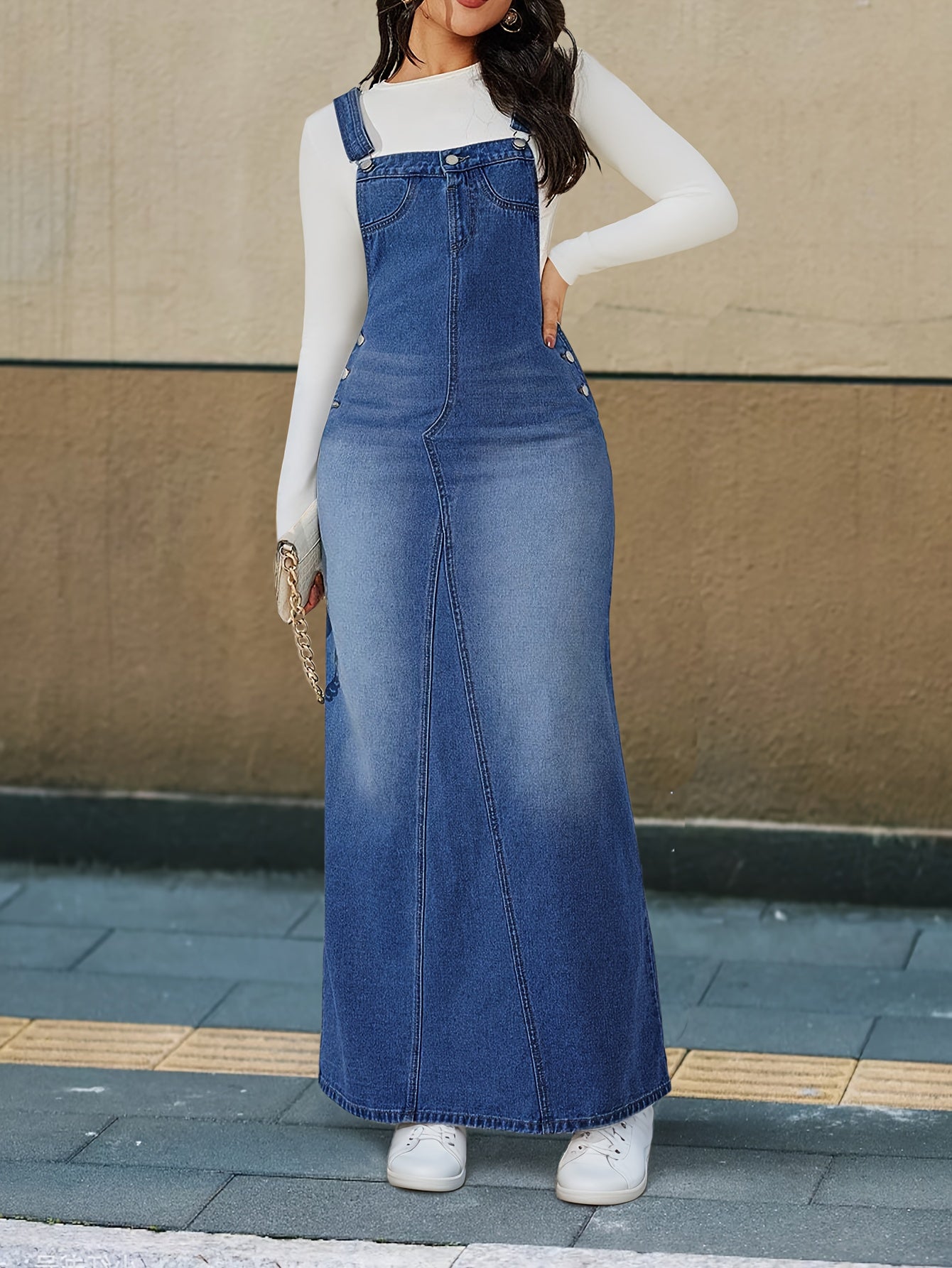 [Durable Denim Dress] Durable Denim Dress - Women's Non-Stretch Loose Fit Long Skirt with Detachable Strap, Multiple Buttons for Easy Closure, Everyday to Formal Outfits - Casual Chic Outwear, Versatile Outfit Option