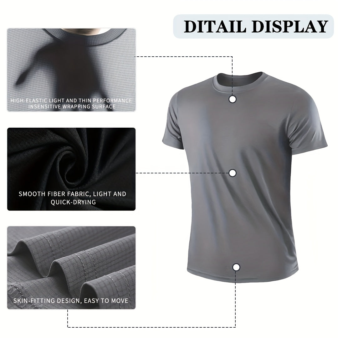 5pcs Men'S Summer Loose Crew Neck Short Sleeve T-Shirt - Check Fabric Top-Moisture-absorbent, Breathable, Soft And Comfortable For Daily Sports, Fitness And Training