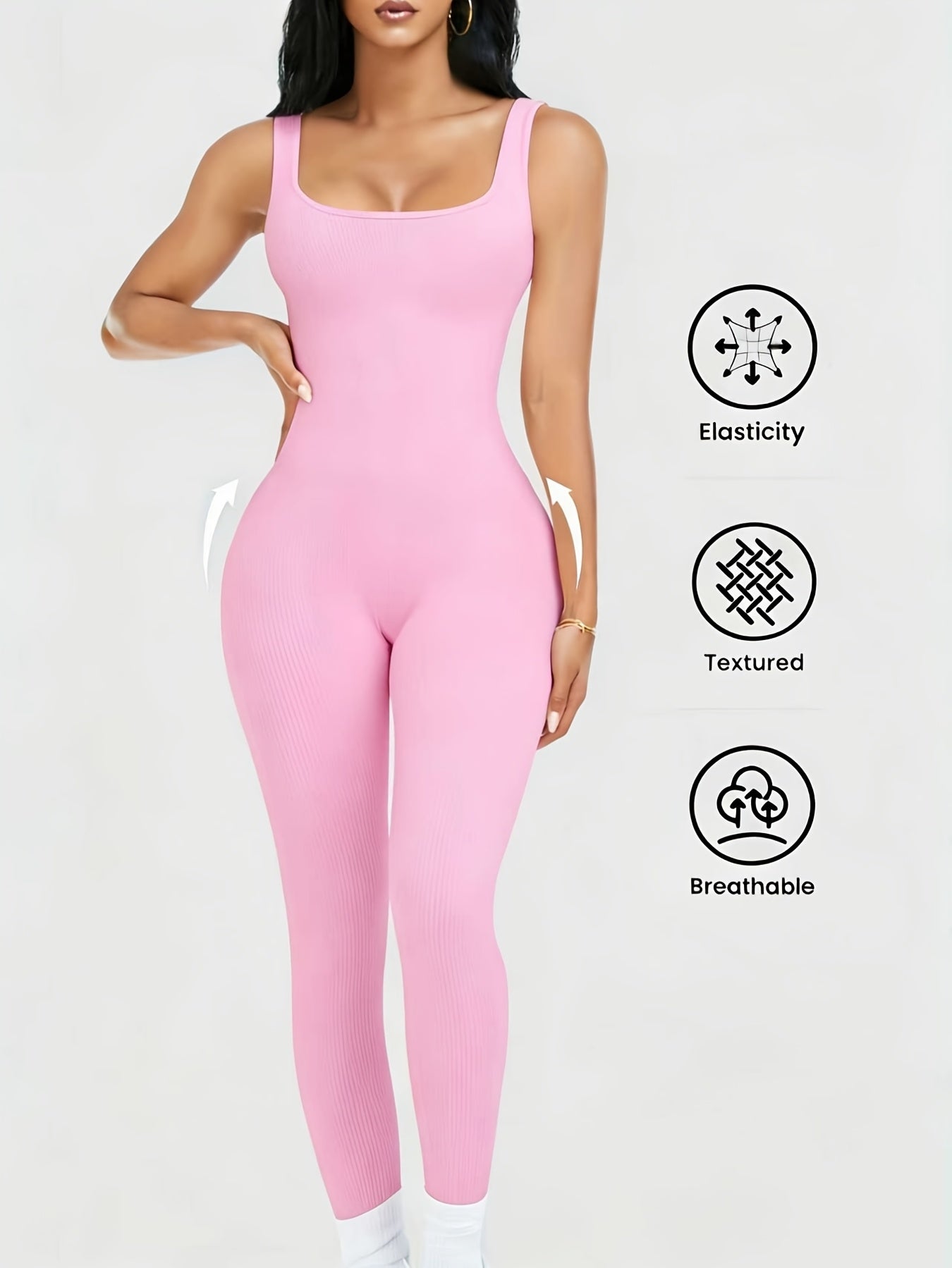 Shapewear Bodysuit For Women Tummy Control Square Neck Seamless Ribbed Jumpsuit Sleeveless Tank Top Leggings, For, High Elastic Fit