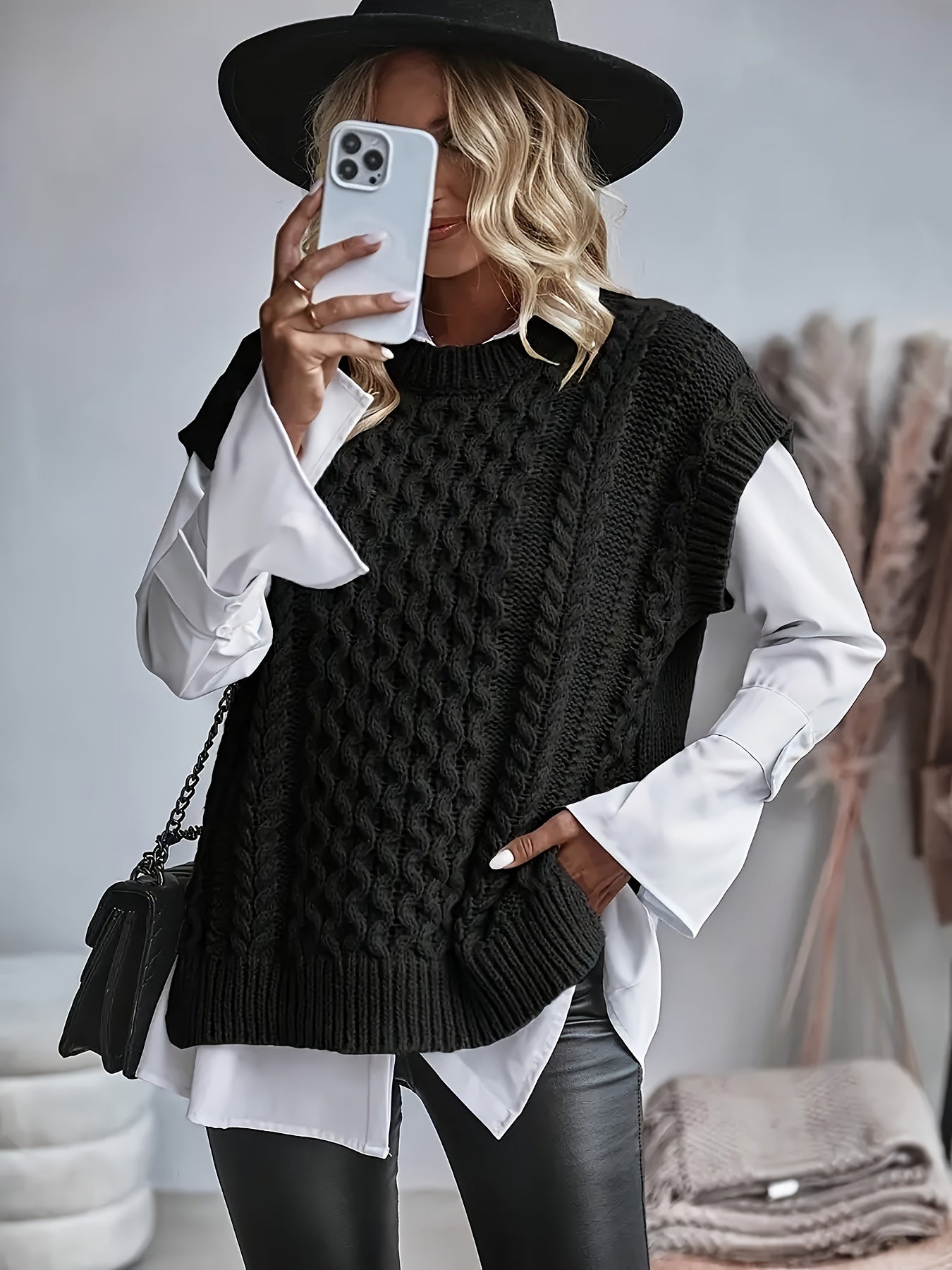 Women's Cable Sweater Vest - Sleeveless Round Neck Slit Hem Blouse, Solid Color Medium-Elastic Knitwear for Spring Summer Fall Layering, Casual & Semi-Formal Wear (Hand Washable)