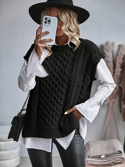 Women's Cable Sweater Vest - Sleeveless Round Neck Slit Hem Blouse, Solid Color Medium-Elastic Knitwear for Spring Summer Fall Layering, Casual & Semi-Formal Wear (Hand Washable)