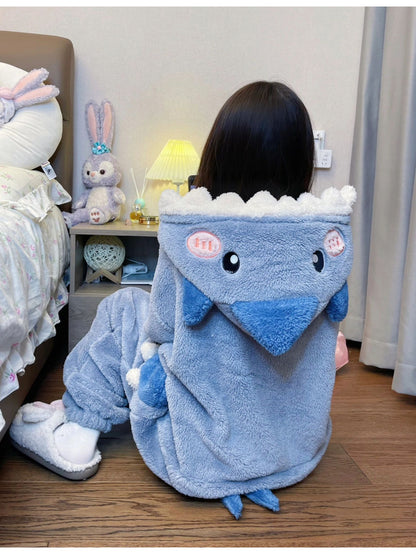 [Hooded Coral Fleece] Winter Jumpsuit Sleepwear, Cute And Sweet Shark Nightgown, Hooded Coral Fleece Thickened And Plush Cartoon Home Outfit