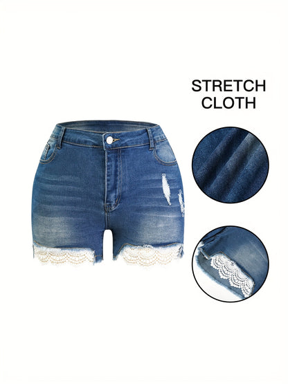 Oversized Distressed Lace Denim Cutoffs