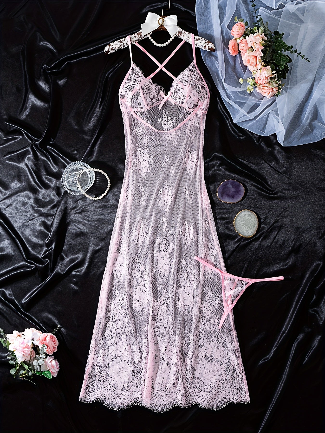 Sexy Sheer Lace & Mesh Lingerie Dress with Deep V Backless, Adjustable Straps & Bow Accents - Women's Elegant Nightwear for Intimate Occasions, Ladies Lingerie, Special Occasion Wear, Butterfly Knot Detail, Medium Elasticity