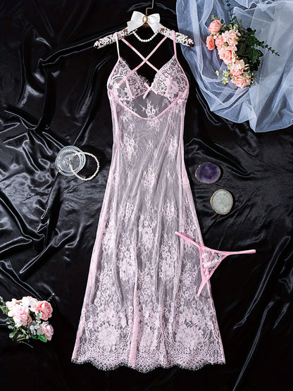 Sexy Sheer Lace & Mesh Lingerie Dress with Deep V Backless, Adjustable Straps & Bow Accents - Women's Elegant Nightwear for Intimate Occasions, Ladies Lingerie, Special Occasion Wear, Butterfly Knot Detail, Medium Elasticity