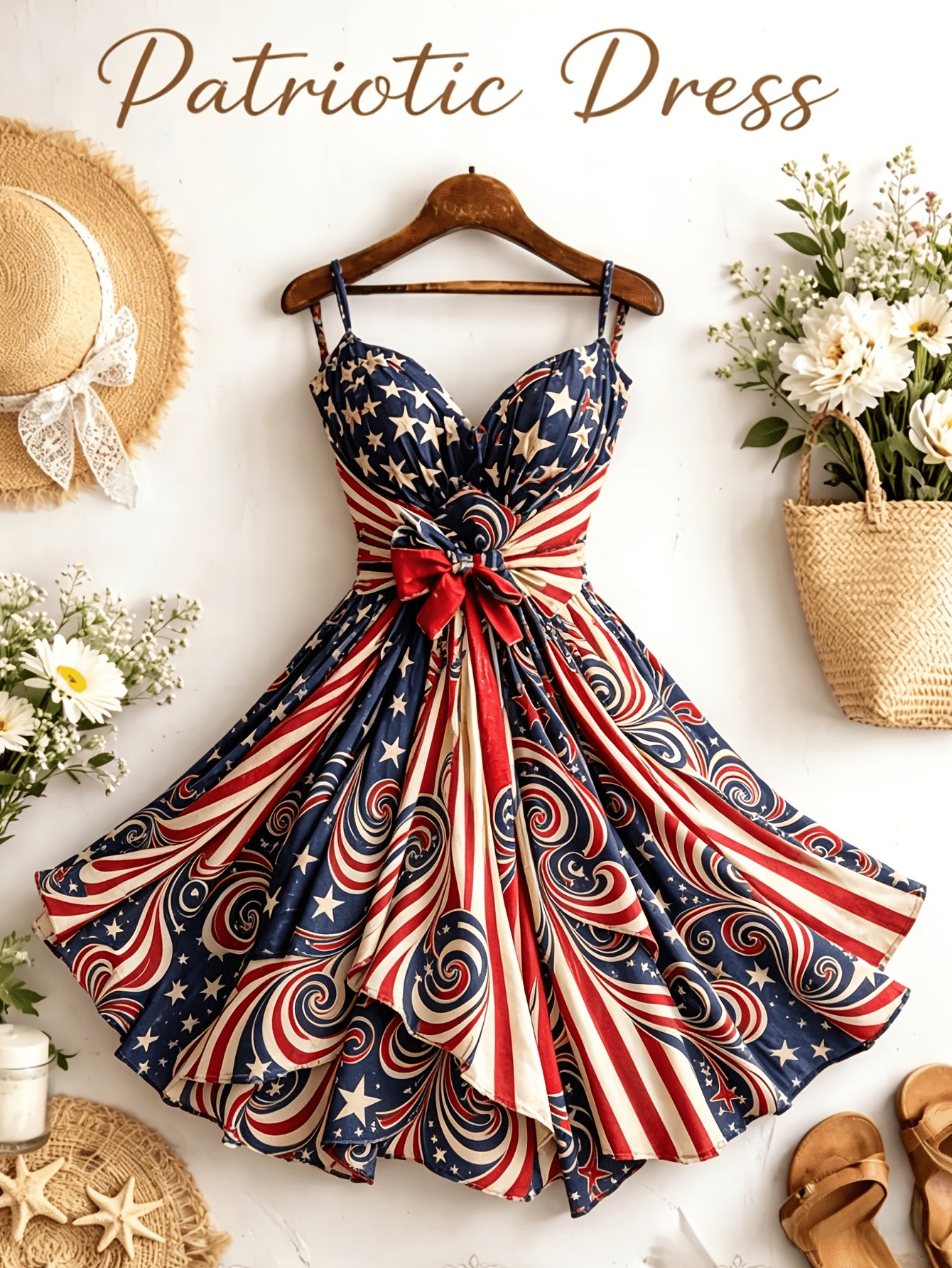 [Independence Day Style] Women's Retro Independence Day Style Camisole V-Neck Padded A-Line Waist Belted Fashion Dress