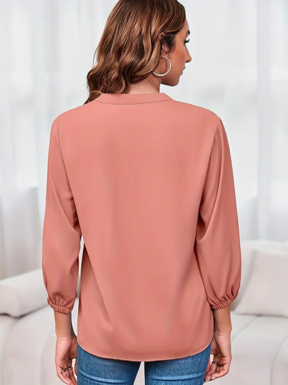 Solid Color Zipper Up Blouse, Casual V Neck Long Sleeve Blouse For Spring & Fall, Women'S Clothing