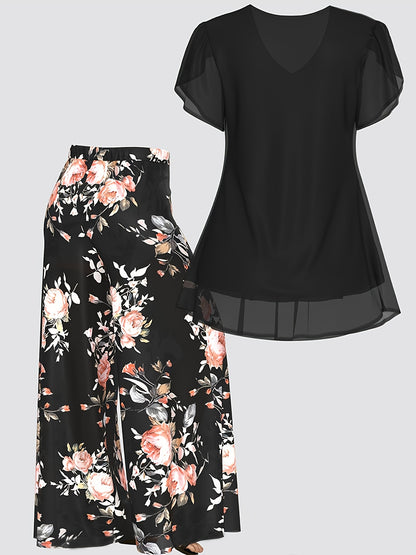 Plus Size - New Women'S Solid Color Top And Printed Pants Chiffon Fashion Style Set Top And Pants Two Piece Set