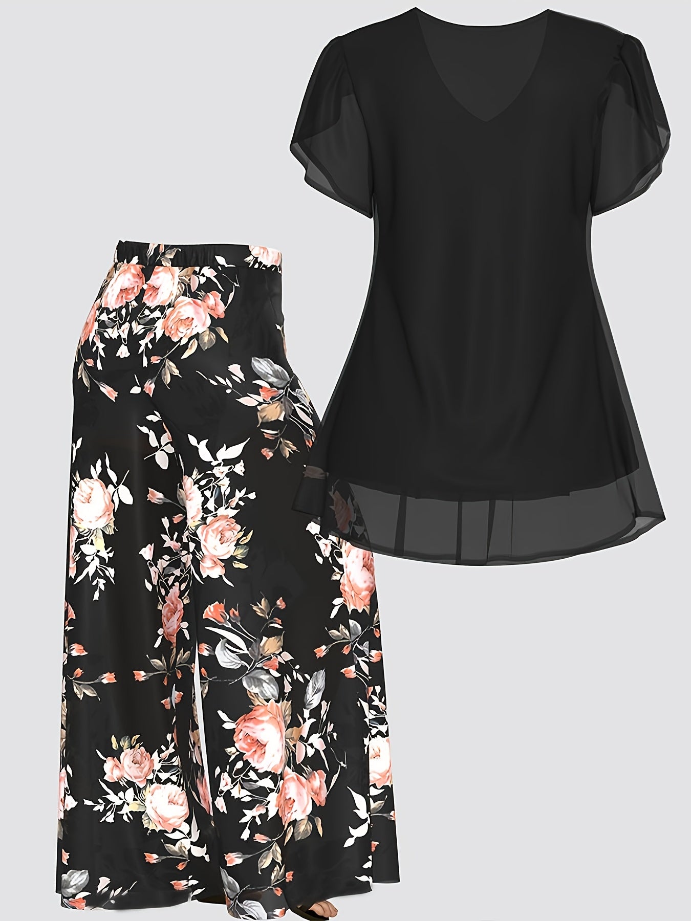Plus Size - New Women'S Solid Color Top And Printed Pants Chiffon Fashion Style Set Top And Pants Two Piece Set