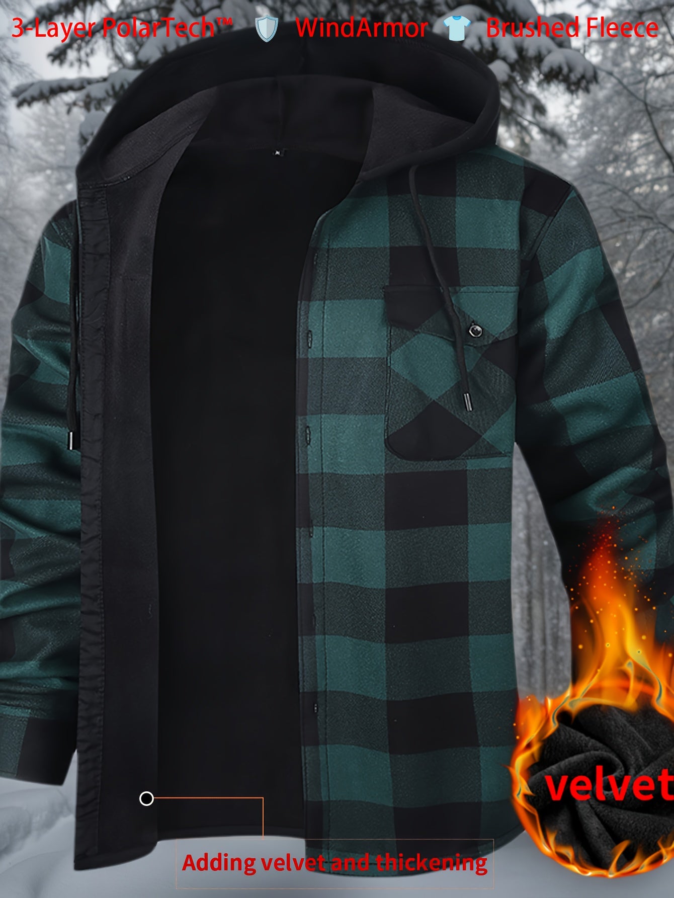 New Men'S Plaid Hooded Long-Sleeved Shirt Outdoor Casual Shirt Jacket | Flannel with Pocket Double Bag Double | Inner Lining Is Thickened | Thermal Shirt
