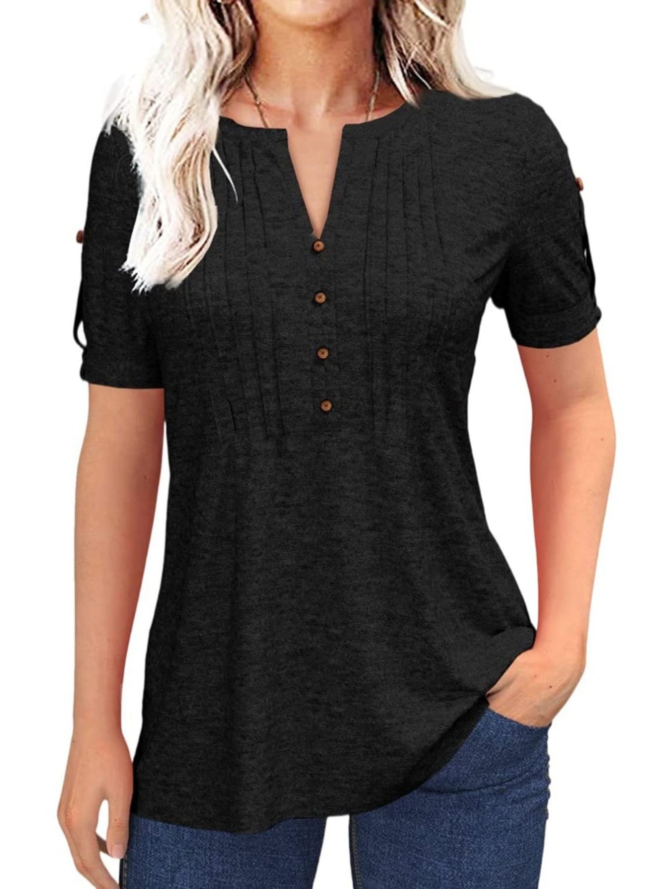 Casual Short-Sleeve Blouse for Women with a Solid Color, Featuring a Pleated Design, Buttoned V-Neck, And a Zipper