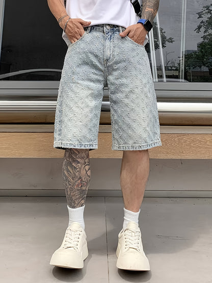 Men'S High-Street Fashion Distressed Knee-Length Denim Shorts - Relaxed Straight-Leg Fit with Geometric Embroidery, Machine Washable Summer Casual Shorts for Plus Size