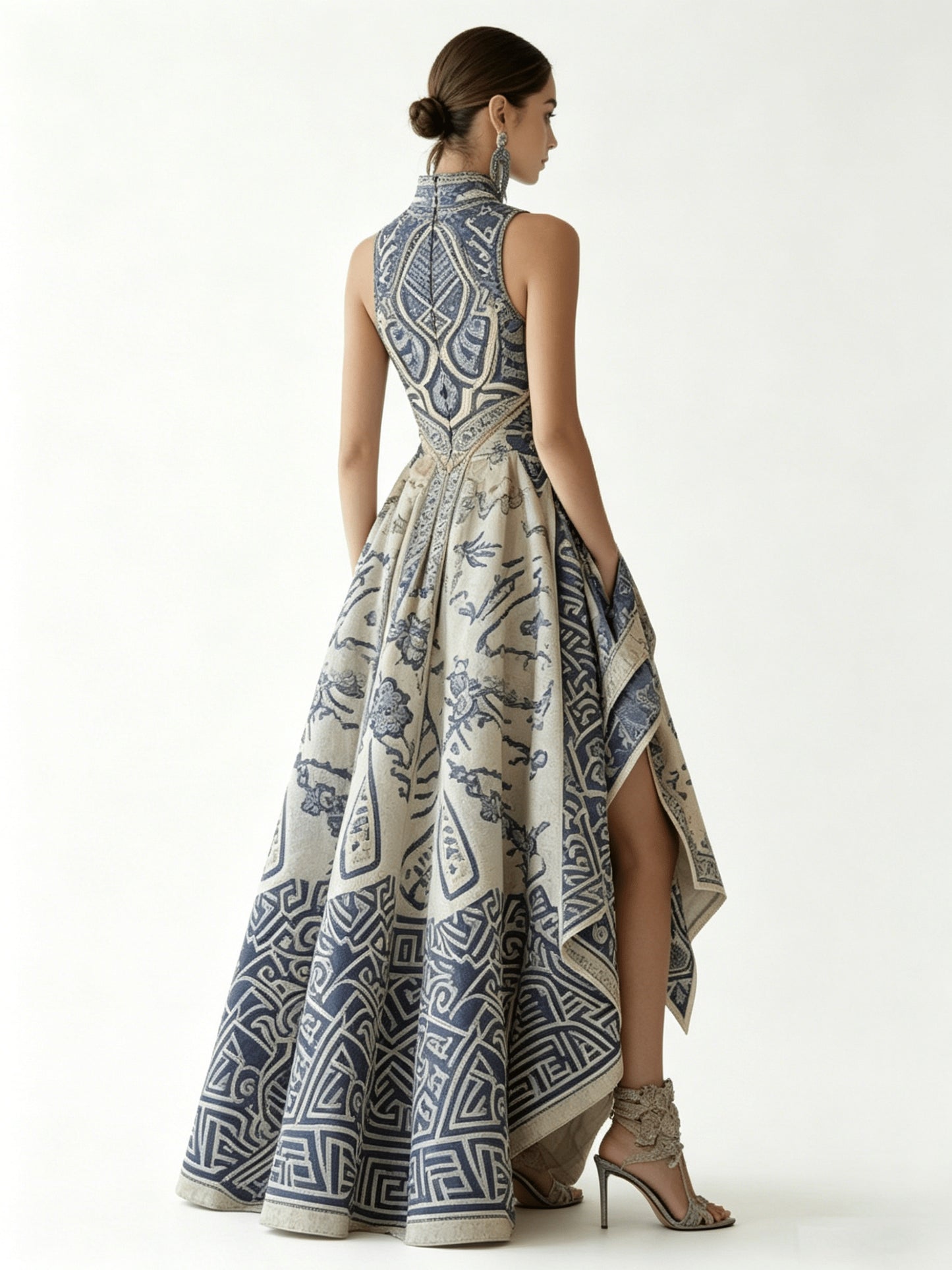 Asymmetrical Blue Porcelain Print High Neck Sleeveless Evening Gown, High-Low Hem Front Slit Formal Dress, Gala Wedding Guest Prom Outfit