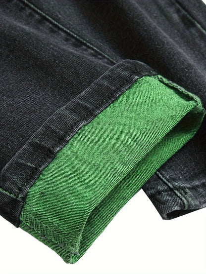 Men's Green Ripped Stretch Skinny Black Bottom Wild Jeans