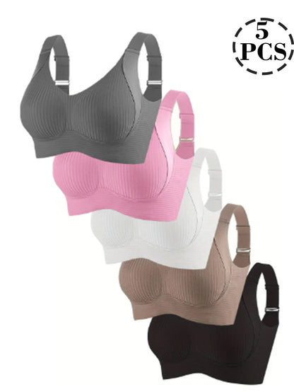 5pcs Ribbed Wireless Bra - High Elastic, Breathable & Strong Support | Comfortable No-Squeeze for Daily Wear, Yoga & Gym Workouts