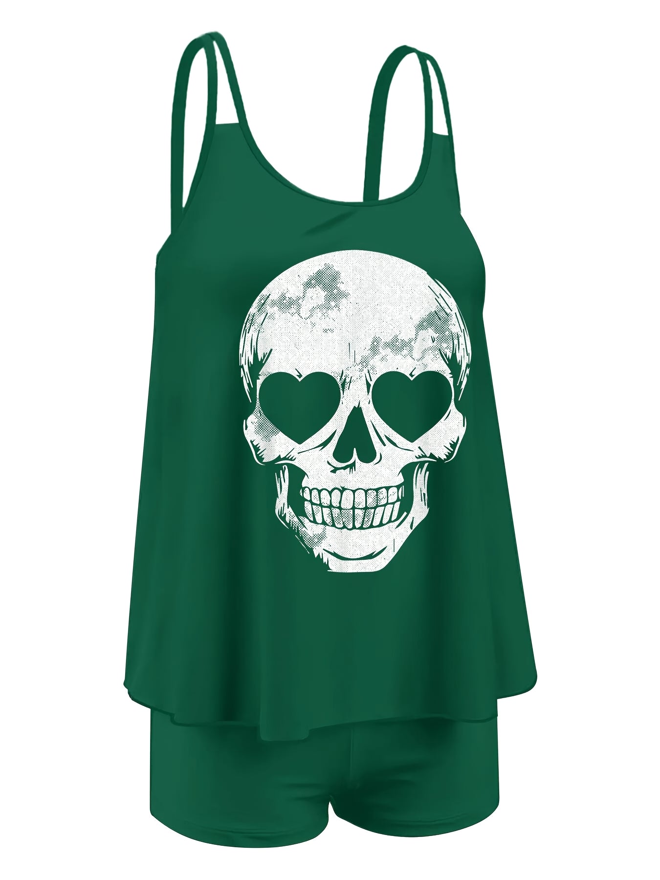 Adorable Skeleton-Themed Two-Piece Swimsuit for Women, Featuring a Stylish Black Design with a Conservative Double Shoulder Tankini Style, Perfect for a Laid-Back Halloween Look