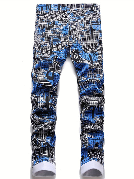 Men'S Slim-Fit Stretch Denim Jeans with Unique Digital Print Design - Mid-Rise, Cotton Blend, Street Style Casual Pants in Blue & Black Grid Pattern, Street Style Jeans | Modern Casual Jeans | Zipper Detail Pants