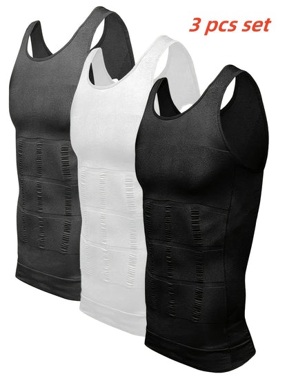 3pcs Pack Men's Compression Shaping Vest - Tummy Control Slimming Shirt, Muscle Enhancing Workout Tank Top Suitable for Gym, Post-Surgery & Casual Attire - Discreet Shapewear (Machine Washable)